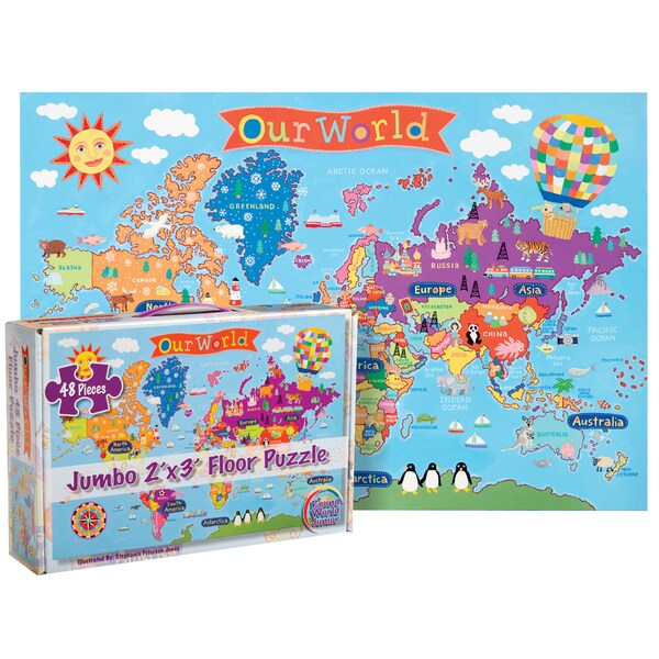 Round World Products World Floor Puzzle for Kids, 24inH x 36inL, 48 Pieces KP03 - main